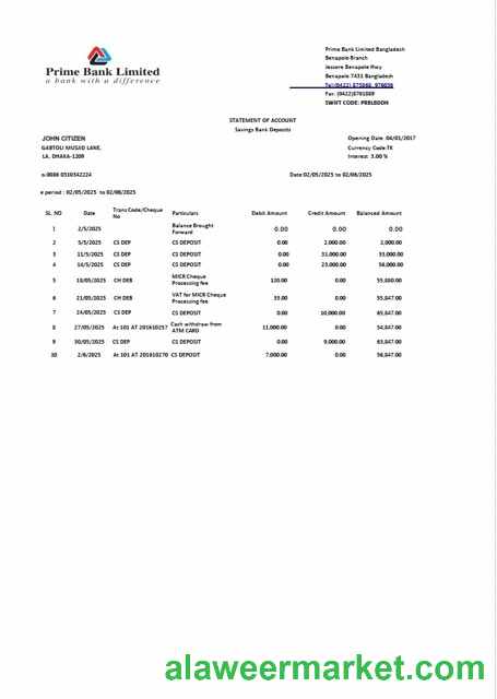 Bangladesh Prime Bank Limited statement of account Word and PDF template, version 2